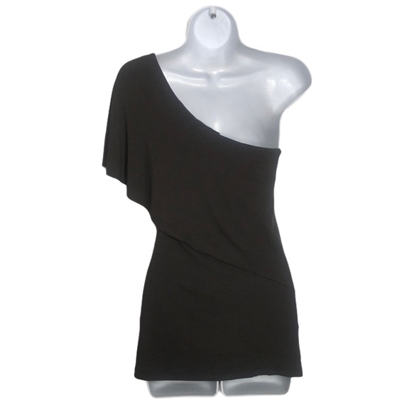 Mandee Black Ruffle Neck Y2K One Sleeve Top Medium - Picture 9 of 14